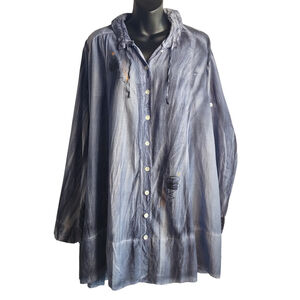 Apu Women's Silk/Cotton Top Tunic Button Shirt Blue Asymmetrical Oversized Sz L
